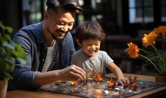 ai generado contento familia hombre con su hijo jugando en el mesa foto