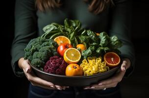 AI generated holding up a bowl full of fruit, vegetables and brown rice, photo