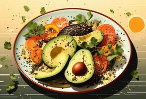 AI generated healthy foods with avocado and coconut oil on a plate, photo