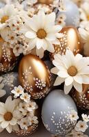 ai generado Pascua de Resurrección huevos y flores en un blanco superficie, foto