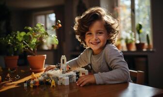 ai generado contento familia hombre con su hijo jugando en el mesa foto