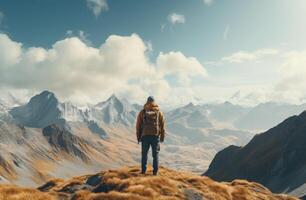 AI generated human looking to the sky over mountain, photo