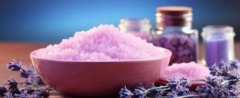 AI generated lavender with salt in bowl and spoons on a blue background, photo