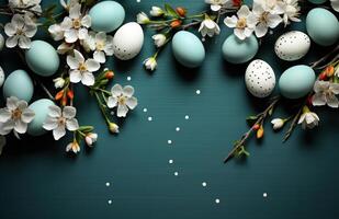 ai generado Pascua de Resurrección huevos en un verde tablero con flores Pascua de Resurrección foto