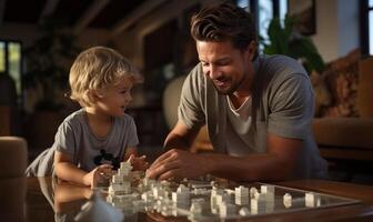 ai generado contento familia hombre con su hijo jugando en el mesa foto