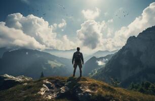 AI generated human looking to the sky over mountain, photo
