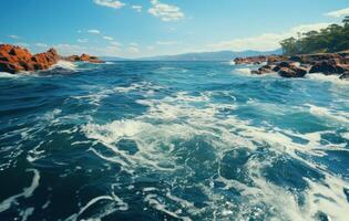 AI generated long slit deep ocean sea from the top of a boat moving at high speed at sunny sea, photo