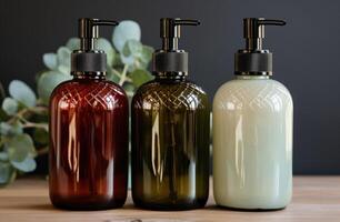 AI generated opal brown glass bottles in soap dispenser soap dispensers, photo