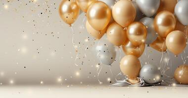 AI generated gold balloons, champagne bottle and confetti on a beige background, photo