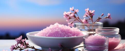 AI generated lavender with salt in bowl and spoons on a blue background, photo