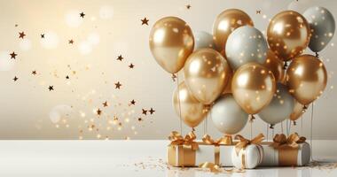 AI generated gold balloons, champagne bottle and confetti on a beige background, photo