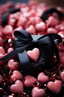 ai generado corazones conjunto en rosado cinta y pequeño corazones en un rosado cinta foto