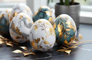 ai generado Pascua de Resurrección huevos con oro frustrar y eucalipto verde en mármol, foto
