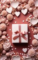 AI generated empty cardboard page surrounded by gifts and hearts, on a pink background, photo