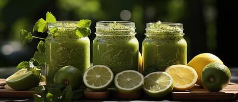 AI generated green smoothie near fresh foods, photo
