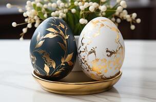 AI generated easter eggs with gold foil and eucalyptus green on marble, photo