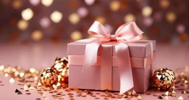 AI generated pink gift on a pink background with gold ribbon, photo