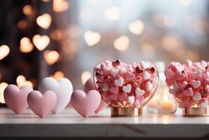 AI generated pastel pink and white heart shapes with blurred background, photo