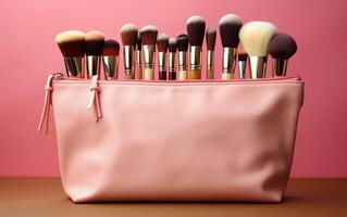 AI generated makeup bag over pink background empty make up cosmetics pouch with cosmetics on top, beige photo