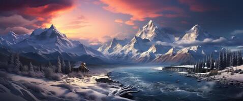 AI generated snowy mountain range at sunset, photo