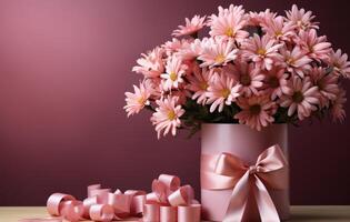 AI generated pink flower arrangement with boxes of flowers and a ribbon, photo