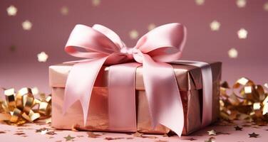 AI generated pink gift on a pink background with gold ribbon, photo