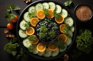 AI generated healthy foods with avocado and coconut oil on a plate, photo