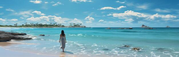 AI generated girl at beach on white sand, photo