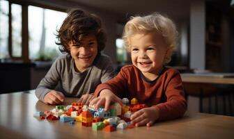 ai generado contento familia hombre con su hijo jugando en el mesa foto