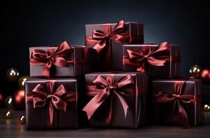 AI generated large christmas gifts with ribbon tied around them on a red background photo