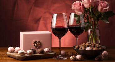 AI generated romantic wine, wineglass and chocolates are placed on a pink background photo