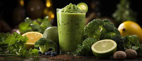 AI generated green smoothie near fresh foods, photo