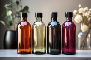 AI generated small bottles of liquid soap on a white table, photo