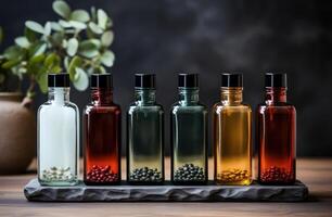 AI generated small bottles of liquid soap on a white table, photo