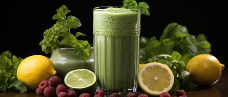 AI generated green smoothie near fresh foods, photo