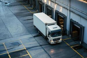 AI generated Logistics and transportation. White truck in the warehouse with boxes. for advertising photo