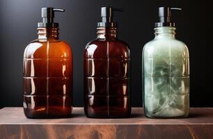 AI generated opal brown glass bottles in soap dispenser soap dispensers, photo