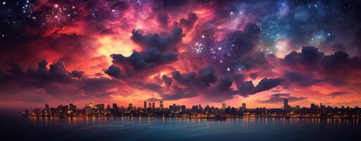AI generated many colorful fireworks exploding in a sky, photo