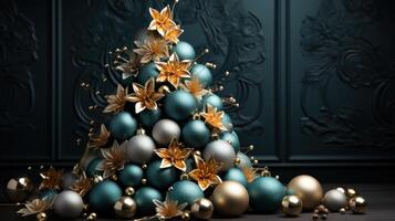 AI generated christmas tree with golden balls and fir branch, photo