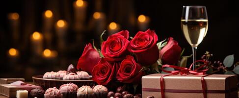 AI generated red background with chocolate, wine and red rose, photo