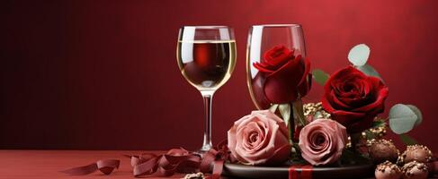 AI generated red background with chocolate, wine and red rose, photo