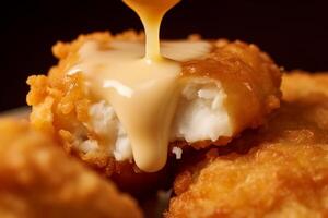 AI generated Sublime Fusion Extreme Close-Up of Golden Nugget and Creamy Dip photo