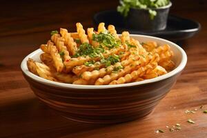 AI generated Classic Charm Serving Crispy Waffle Fries in Ceramic Elegance photo