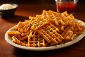 AI generated Crisp Perfection Precision Arrangement of Seasoned Waffle Fries photo