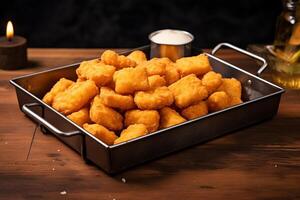 AI generated Metallic Elegance Hyper-Realistic Chicken Nuggets on Wooden Backdrop photo