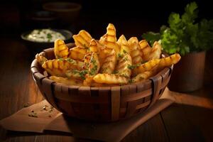 AI generated Rustic Comfort Waffle Fries Nestled in a Wooden Bowl photo