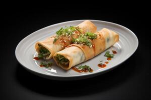 AI generated Textures in Harmony Photorealistic Culinary Artistry of Egg Rolls photo