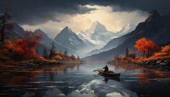 AI generated man is sailing a boat on a lake with mountains in the background, photo