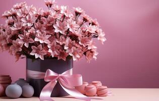 AI generated pink flower arrangement with boxes of flowers and a ribbon, photo