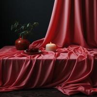 AI generated table with a blanket on a table with red background, photo